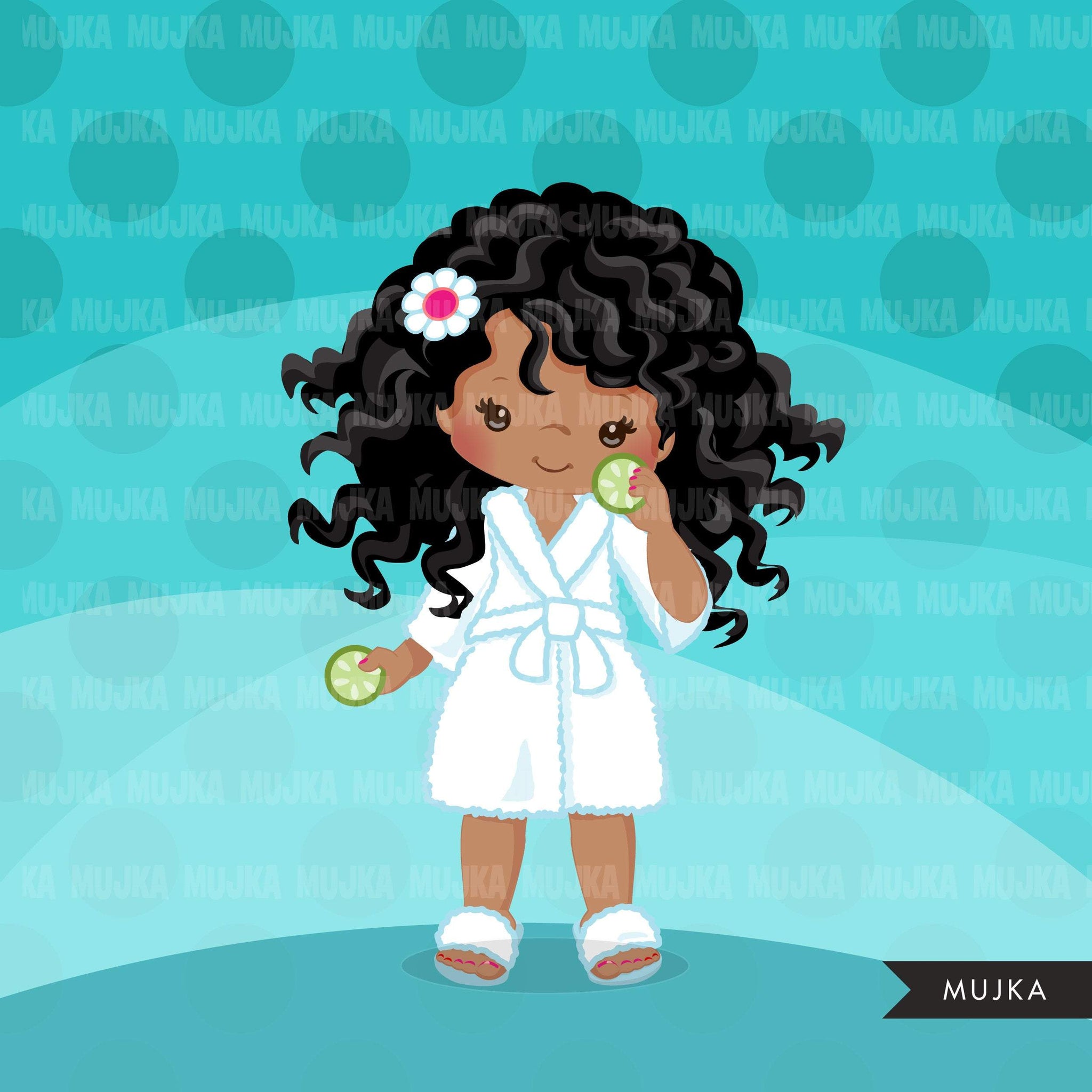 Imágenes prediseñadas de spa, gráficos de imágenes prediseñadas de chica negra de fiesta, baño, albornoz, pepino, gráficos de cumpleaños de spa, imágenes prediseñadas de uso comercial