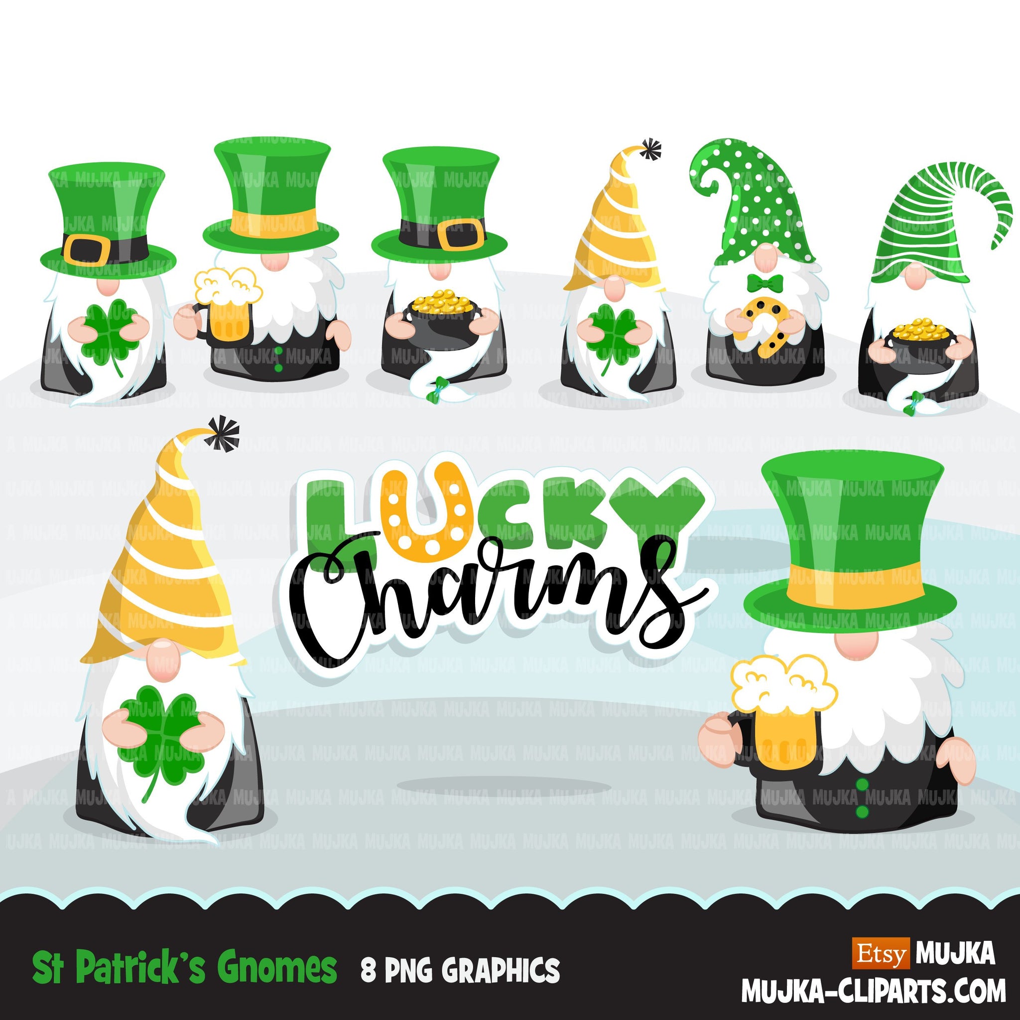 St Patricks Day Clipart Bundle, Gnomes, animals, kids,and matching quote graphics commercial use PNG clip art