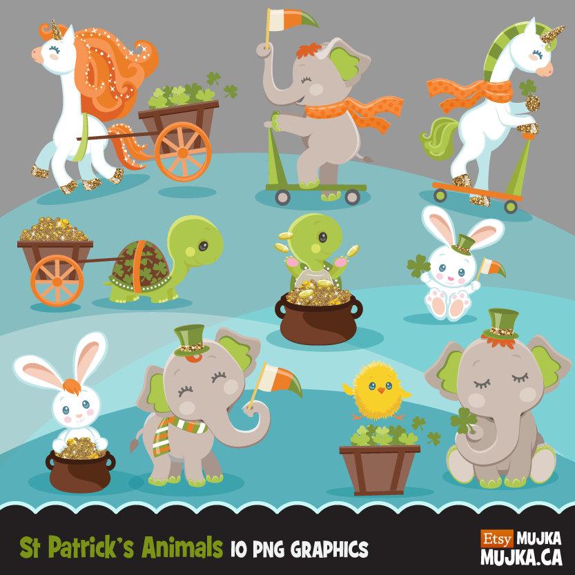 St Patricks Day Clipart Bundle, Gnomes, animals, kids,and matching quote graphics commercial use PNG clip art