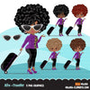 Travelling black woman clipart avatar with suitcase, print and cut, shop logo boss afro girl clip art purple leopard skin graphics