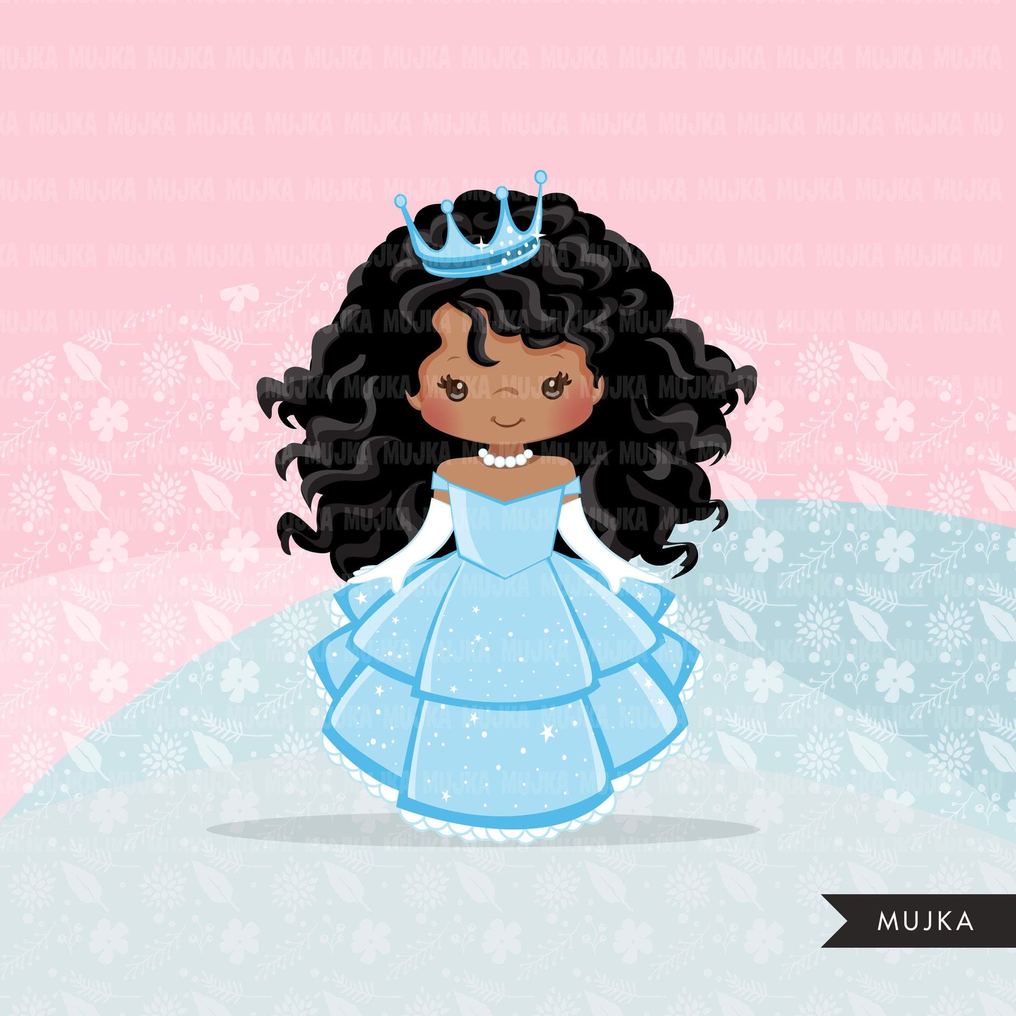 Black Princess clipart, fairy tale graphics, girls story book, blue princess dress, commercial use clip art