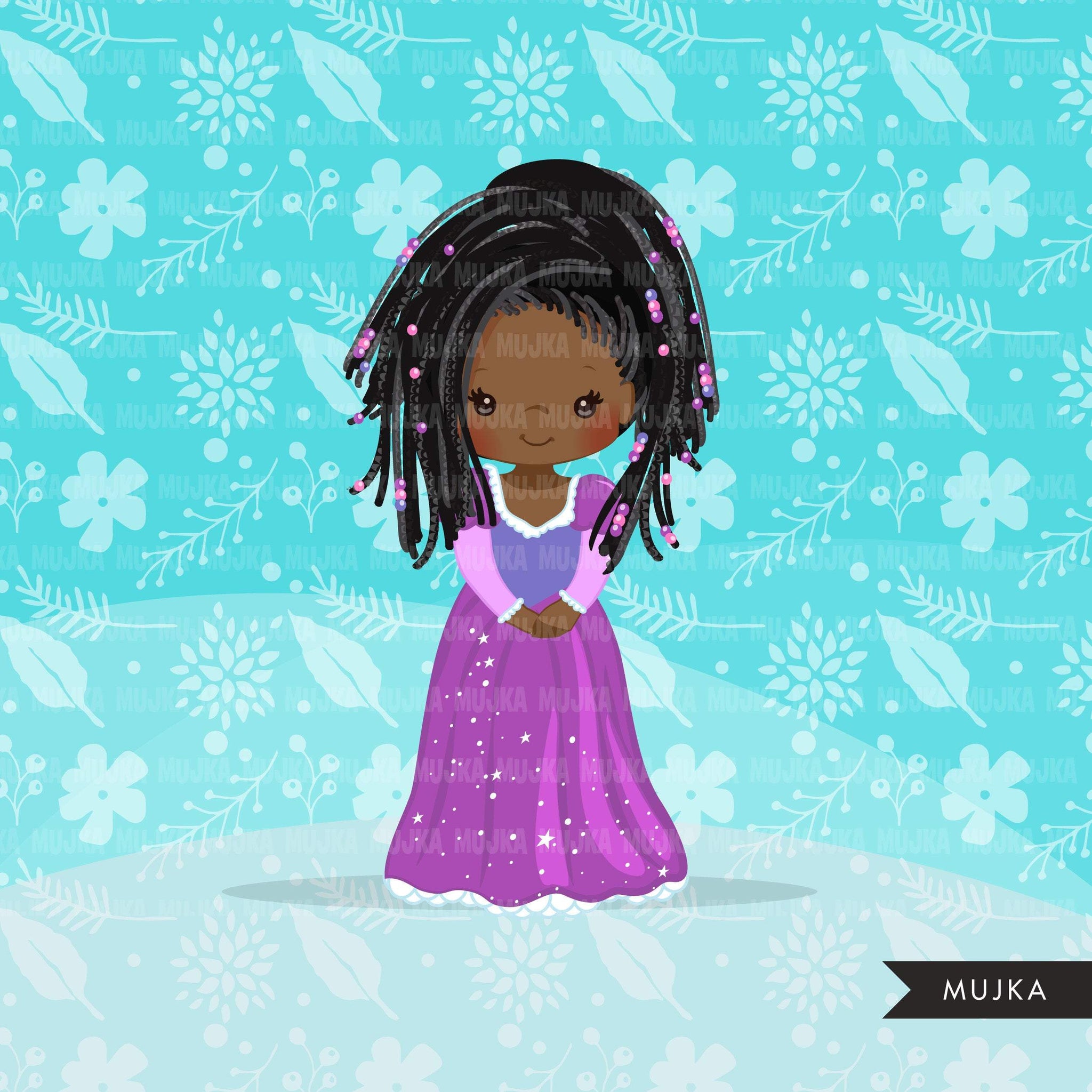 Black Princess clipart, fairy tale graphics, girls story book, purple princess dress, commercial use clip art