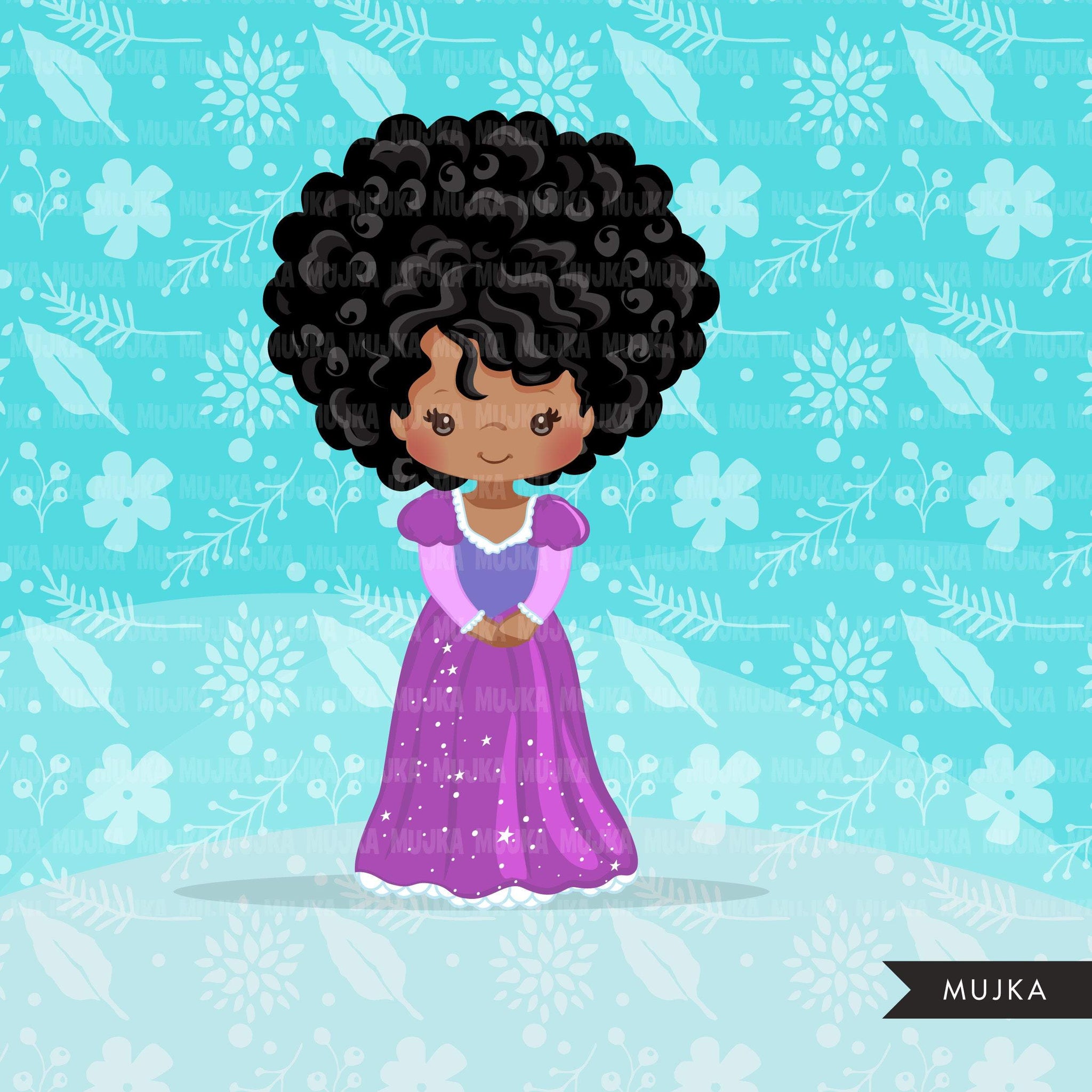 Black Princess clipart, fairy tale graphics, girls story book, purple princess dress, commercial use clip art