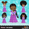 Black Princess clipart, fairy tale graphics, girls story book, purple princess dress, commercial use clip art
