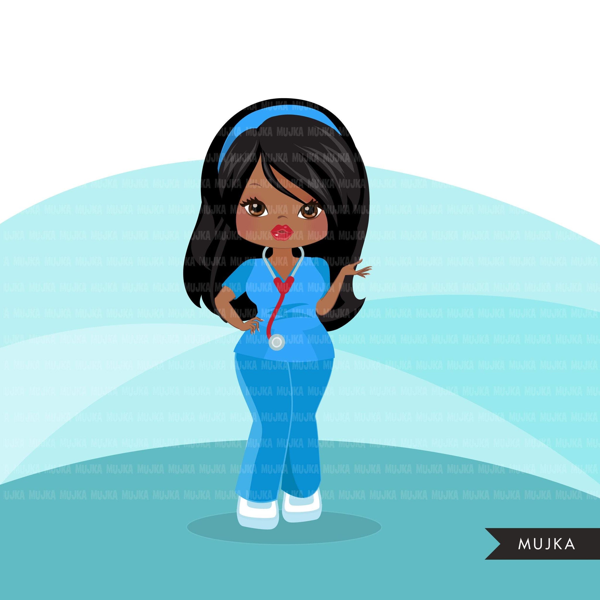 Black nurse clipart with scrubs African-American graphics, print and cut PNG T-Shirt Designs, Black Girls clip art