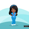 Black nurse clipart with scrubs African-American graphics, print and cut PNG T-Shirt Designs, Black Girls clip art