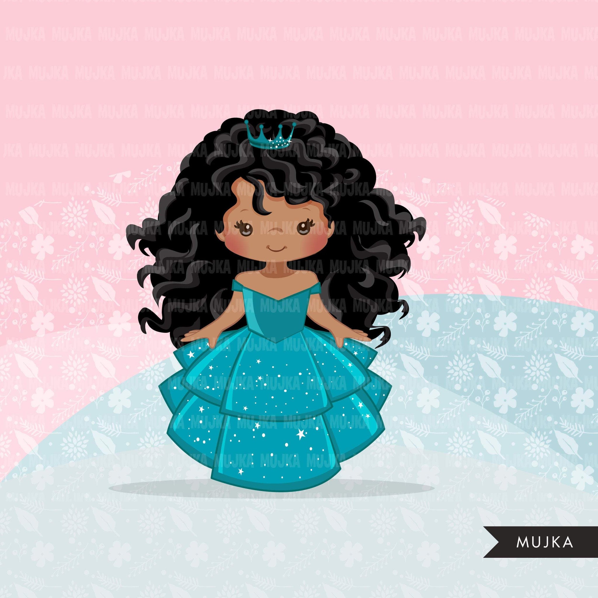 Black Princess clipart, fairy tale graphics, girls story book, teal princess dress, commercial use clip art