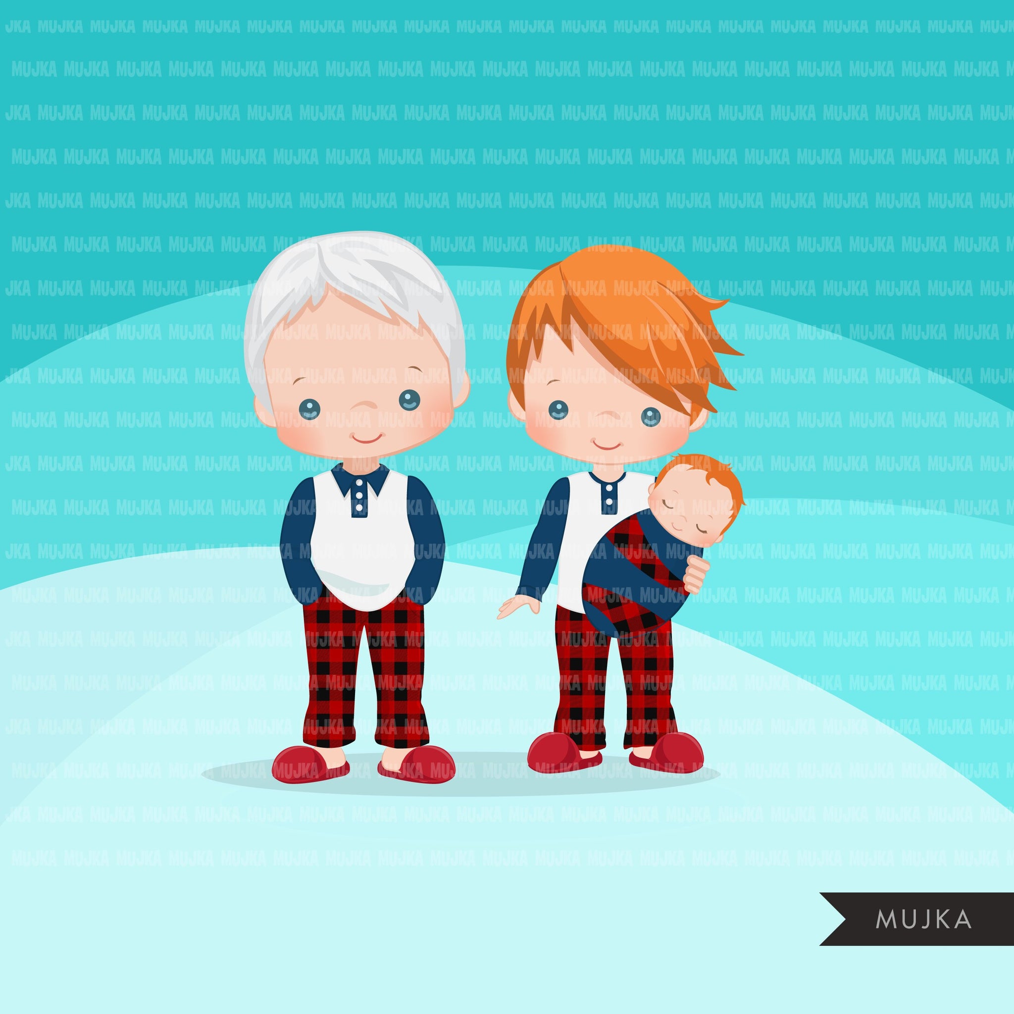 Christmas Pajama family clipart, portraits, mom, dad, grandparents, baby, kids red head graphics, commercial use PNG