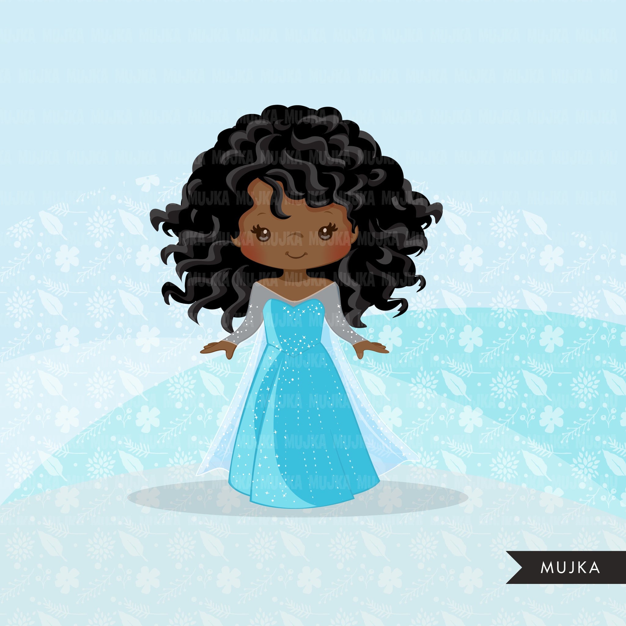 Black Princess clipart, fairy tale graphics, girls story book, light blue princess dress, commercial use clip art