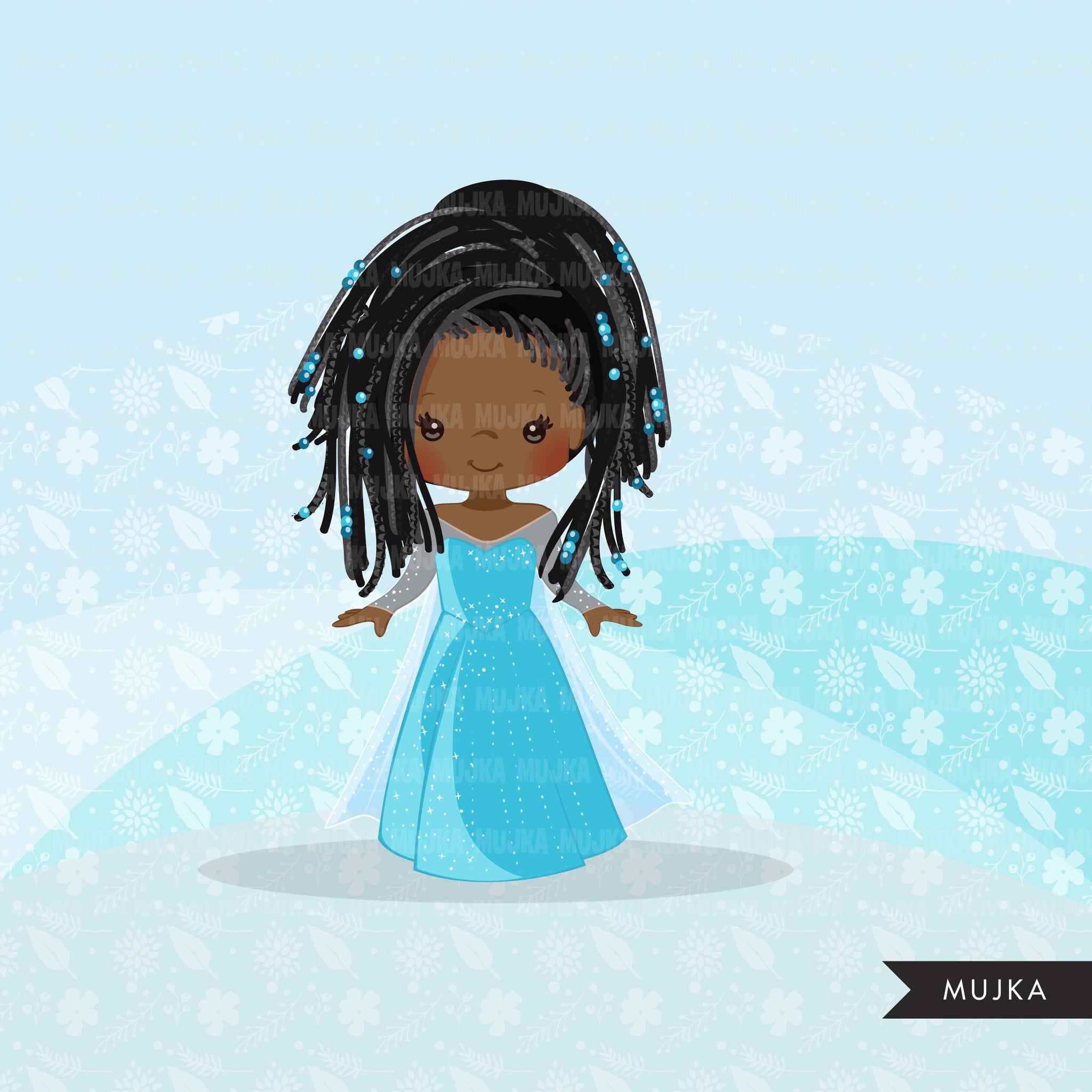Black Princess clipart, fairy tale graphics, girls story book, light blue princess dress, commercial use clip art