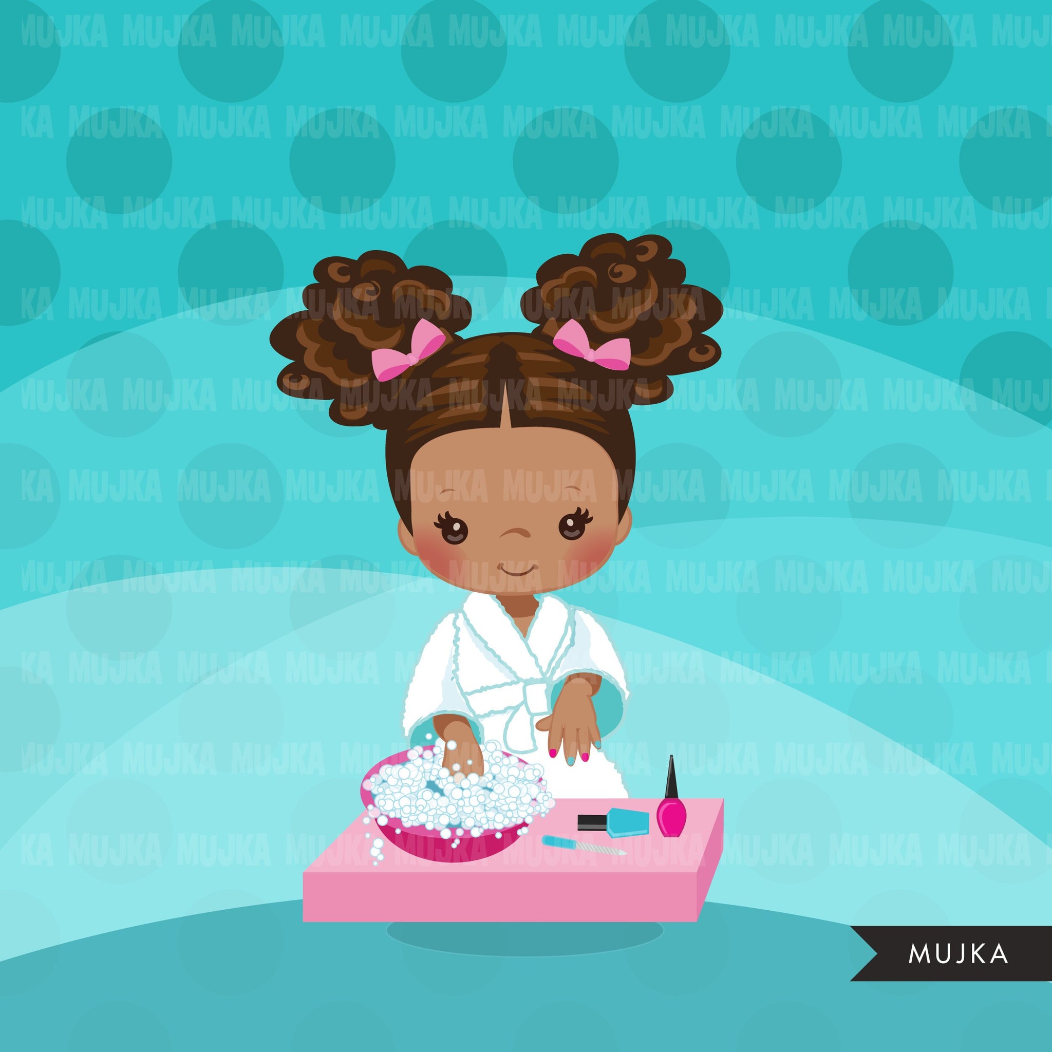 Spa clipart, manicure black girl, bath, spa birthday party graphics nail polish, commercial use PNG  digital clip art, afro kids