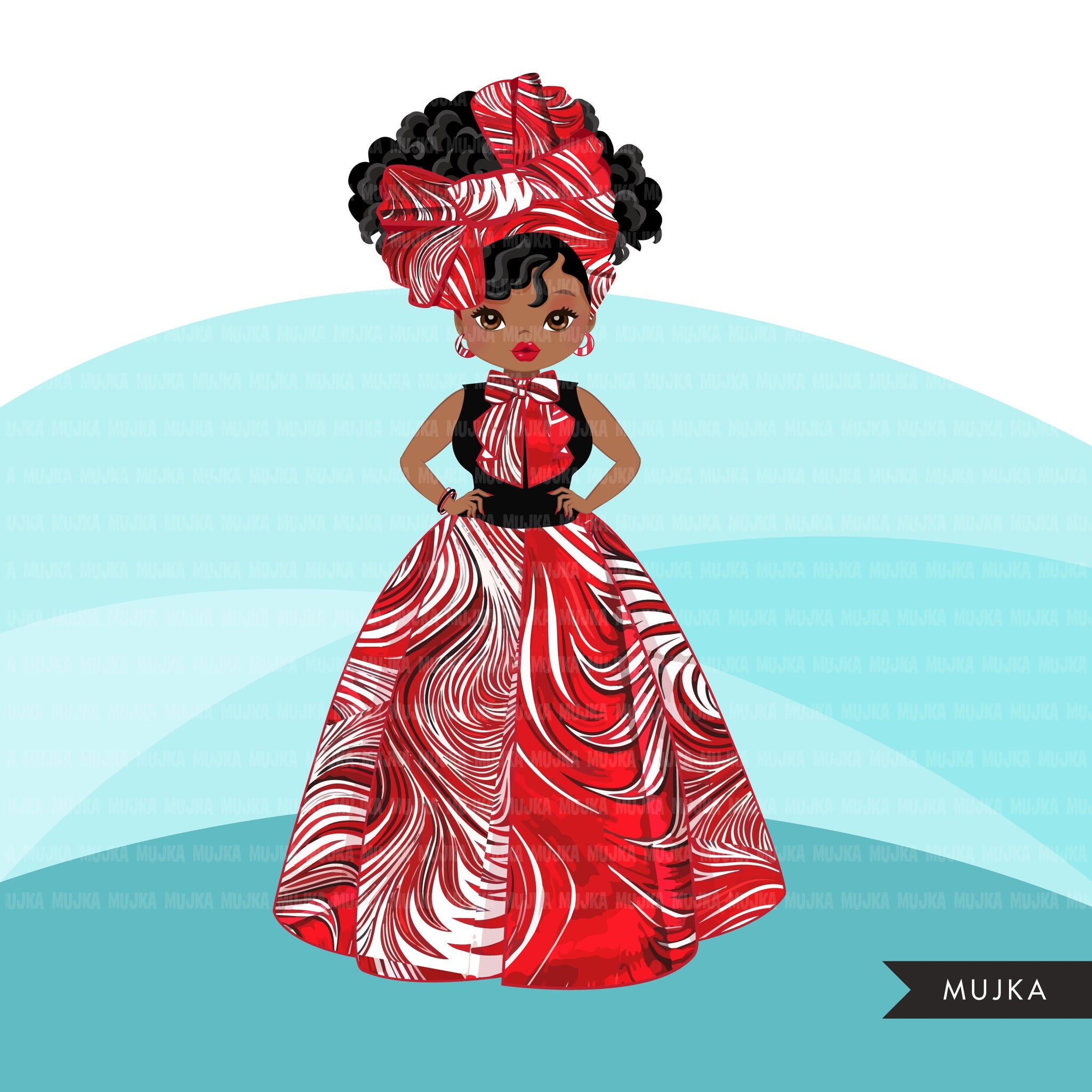 Black woman clipart avatar, Ankara Red white print bow tie and skirt, fashion graphics shop logo sorority Delta boss afro girl clip art PNG head wrap