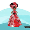 Black woman clipart avatar, Ankara Red white print bow tie and skirt, fashion graphics shop logo sorority Delta boss afro girl clip art PNG head wrap