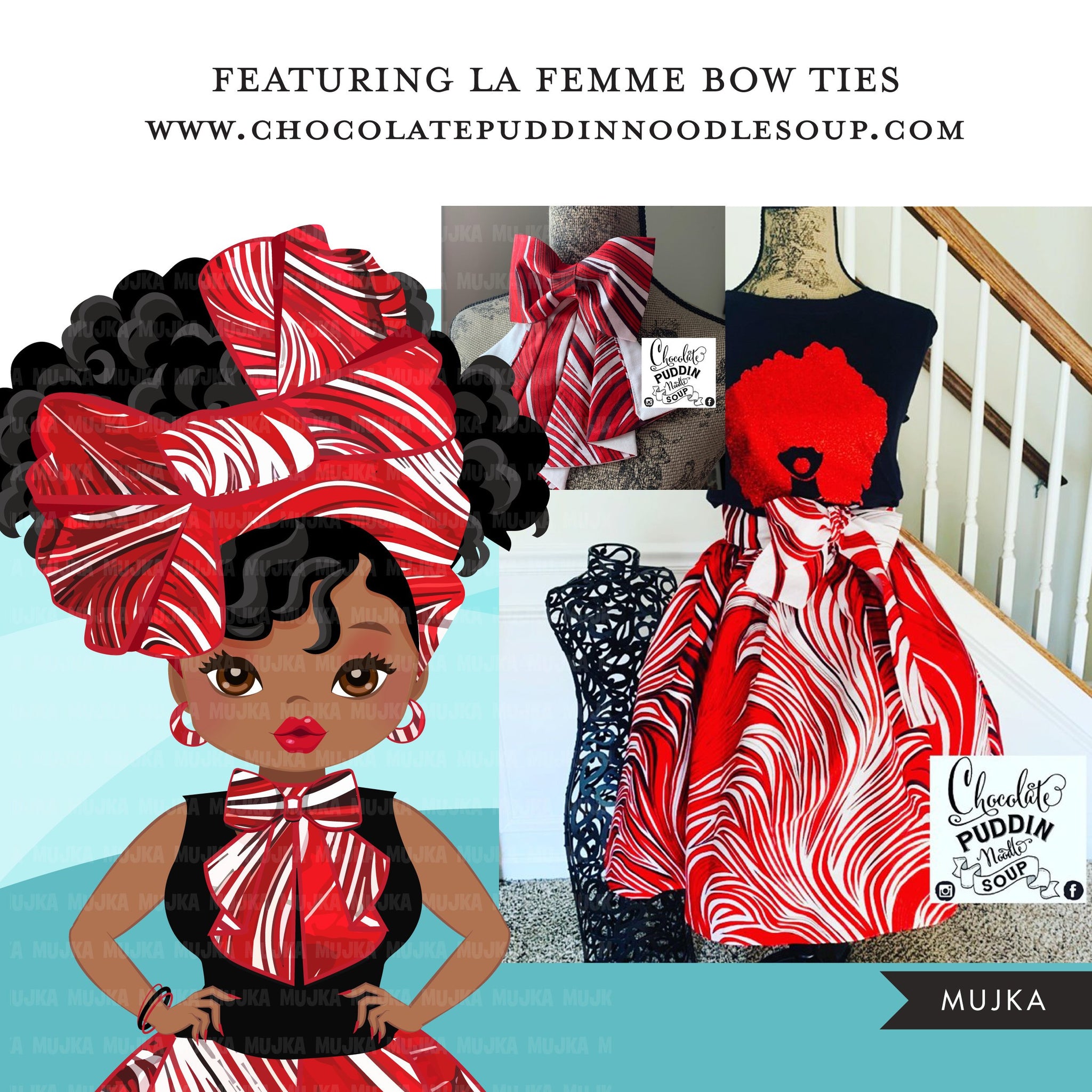 Black woman clipart avatar, Ankara Red white print bow tie and skirt, fashion graphics shop logo sorority Delta boss afro girl clip art PNG head wrap