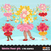 Valentine's Day flower girl clipart, pink tutu girls with a flower bouquet graphics, commercial use clip art
