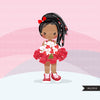 Valentine's Day flower black girl clipart, red tutu afro girls with a flower bouquet graphics, commercial use valentine clip art