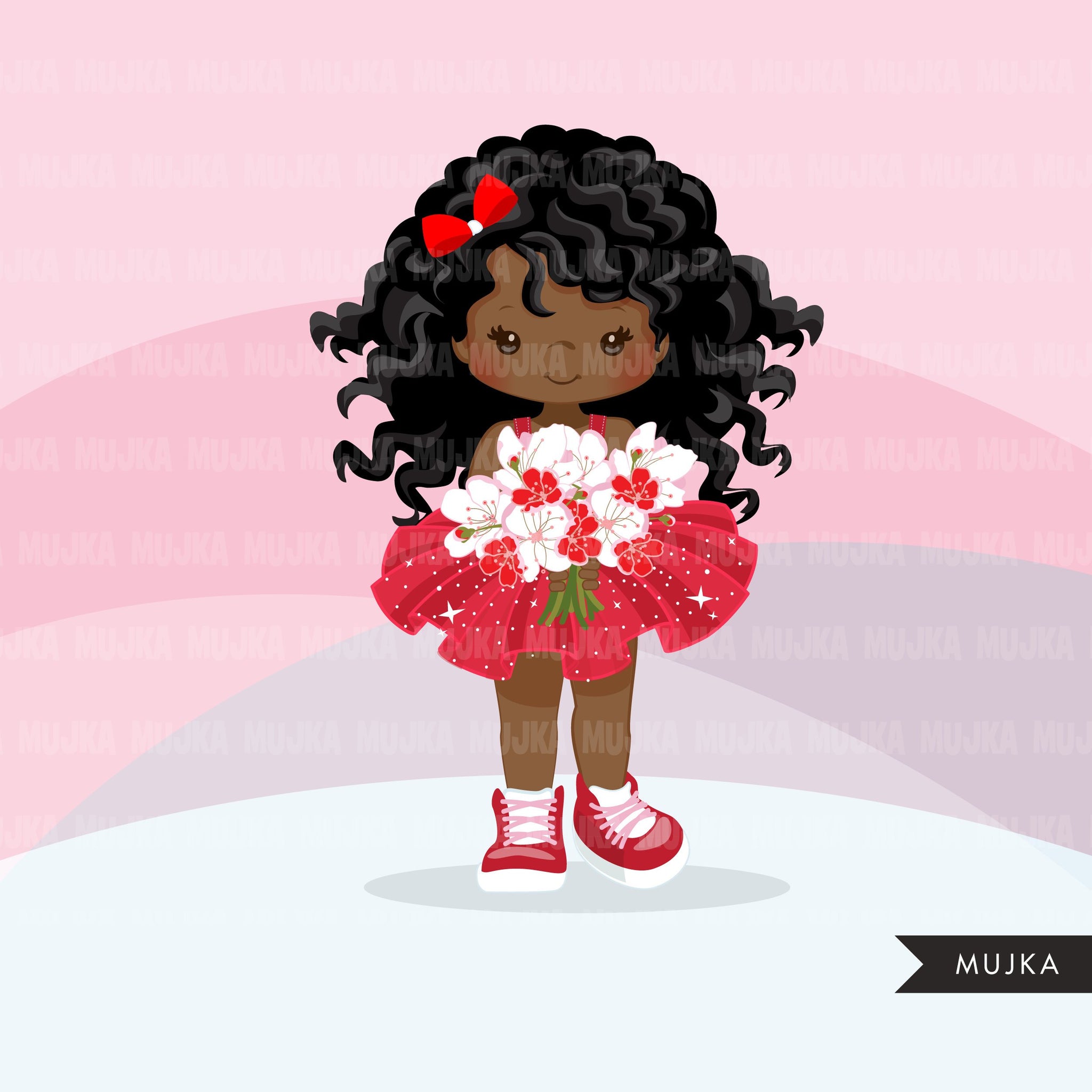 Valentine's Day flower black girl clipart, red tutu afro girls with a flower bouquet graphics, commercial use valentine clip art