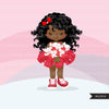 Valentine's Day flower black girl clipart, red tutu afro girls with a flower bouquet graphics, commercial use valentine clip art