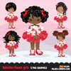 Valentine's Day flower black girl clipart, red tutu afro girls with a flower bouquet graphics, commercial use valentine clip art
