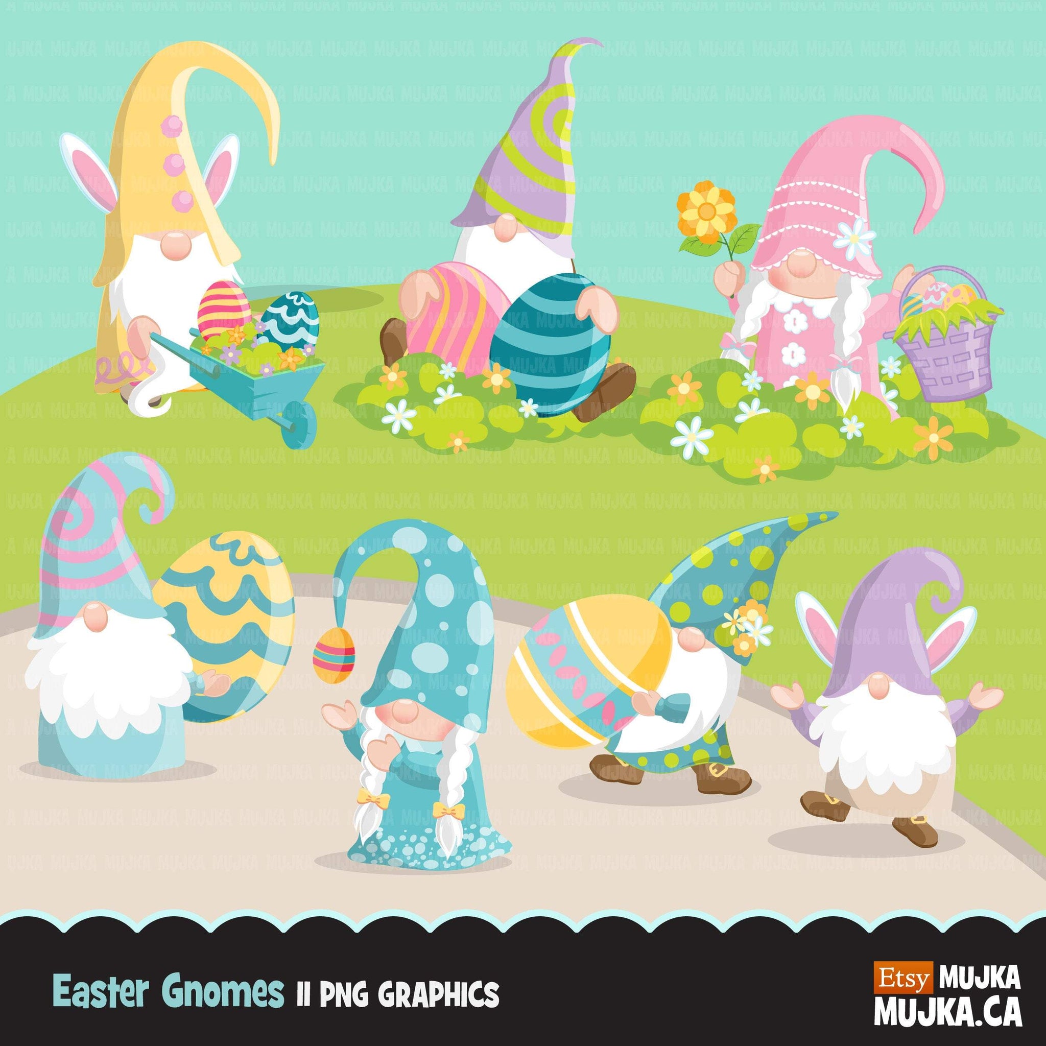Easter Spring Clipart Bundle, gnomes, bunny, kids, eggs, animals, plants, llama graphics commercial use PNG clip art
