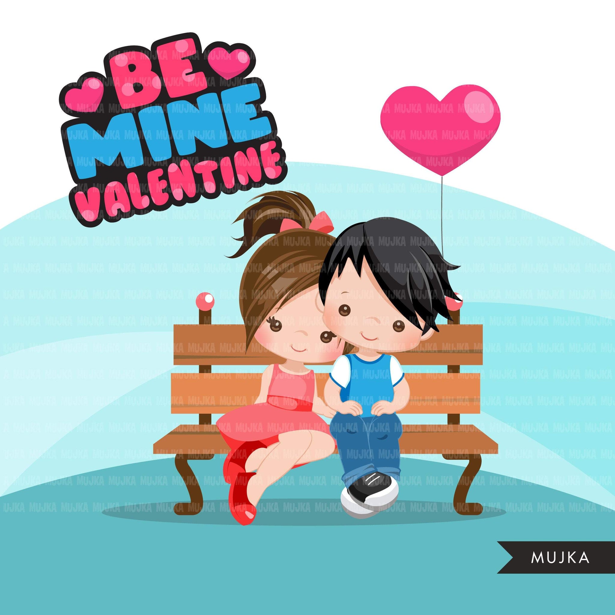 Valentine's Day Clipart, Cute Valentine kids, couples sitting on a bench, be mine valentine graphics, commercial use clip art
