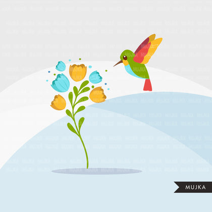 Hummingbird Clipart, colorful spring birds, valentine's day, easter graphics, flowers  commercial use digital PNG clip art
