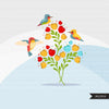 Hummingbird Clipart, colorful spring birds, valentine's day, easter graphics, flowers  commercial use digital PNG clip art