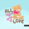 Valentine Quotes Clipart, All you need is love, cheers, I'm yours, thankful and blessed  graphics Valentine's Day commercial use clip art