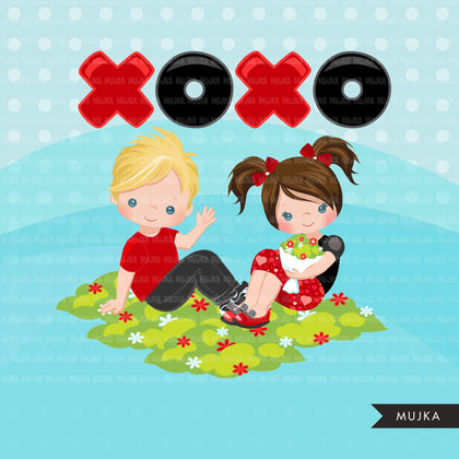Valentine's Day Clipart, Cute Valentine kids, couples sitting, XOXO valentine graphics, commercial use clip art