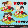 Valentine's Day Clipart, Cute Valentine kids, couples sitting, XOXO valentine graphics, commercial use clip art