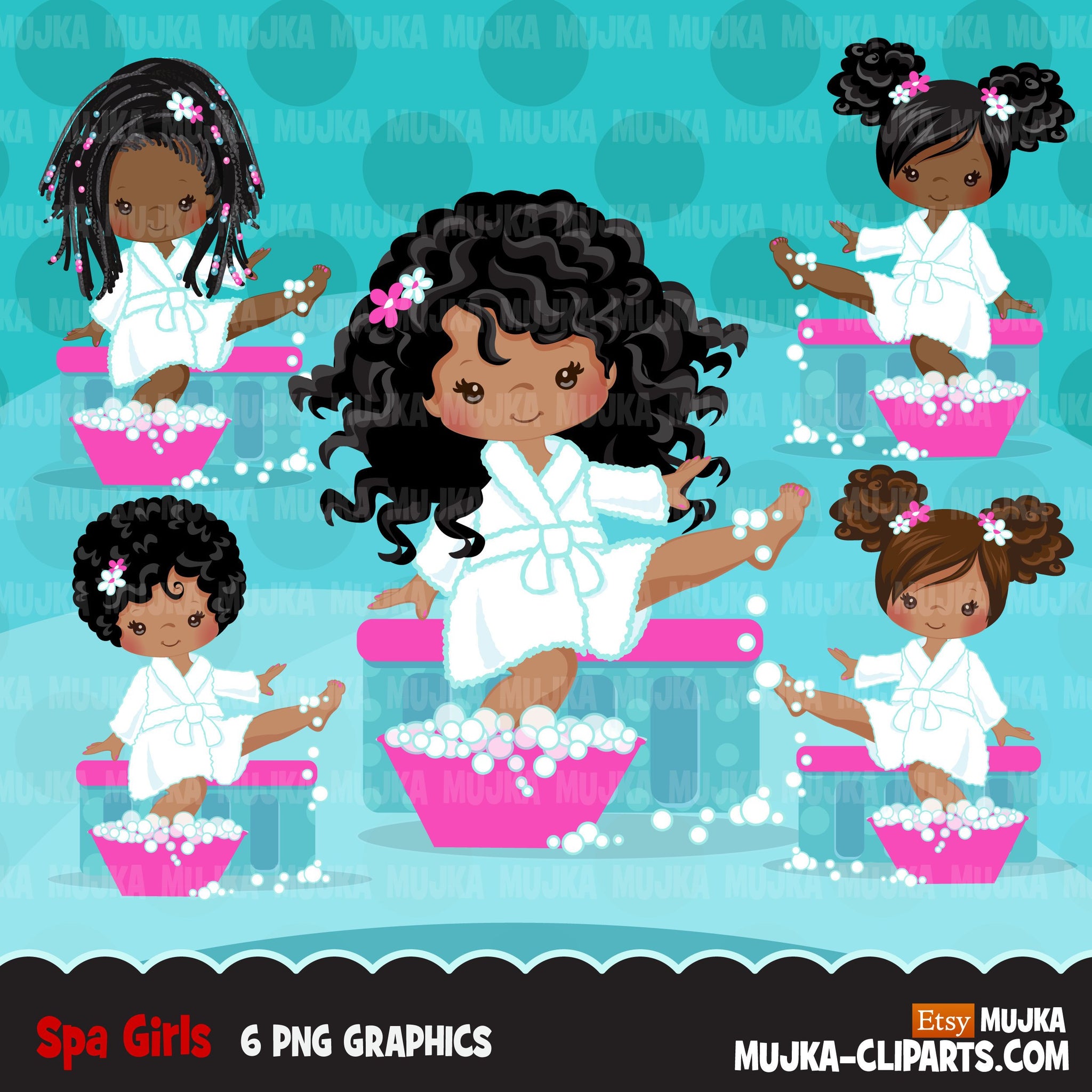 Spa clipart, party black girl graphics, bath, nail polish, spa birthday graphics, soaking feet, commercial use clip art