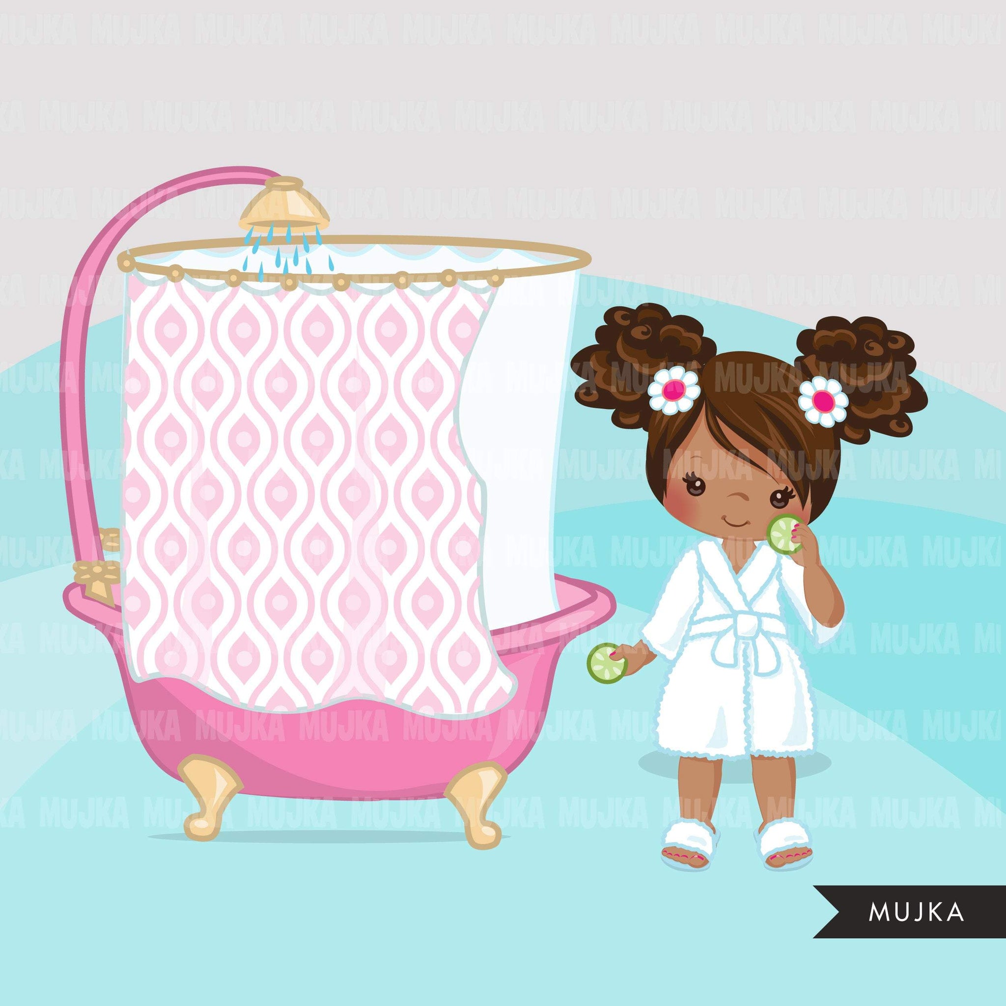 Imágenes prediseñadas de spa, elementos de spa fiesta gráficos de chicas negras, baño de burbujas, bañera, esmalte de uñas, cumpleaños de spa, gráficos, imágenes prediseñadas de uso comercial
