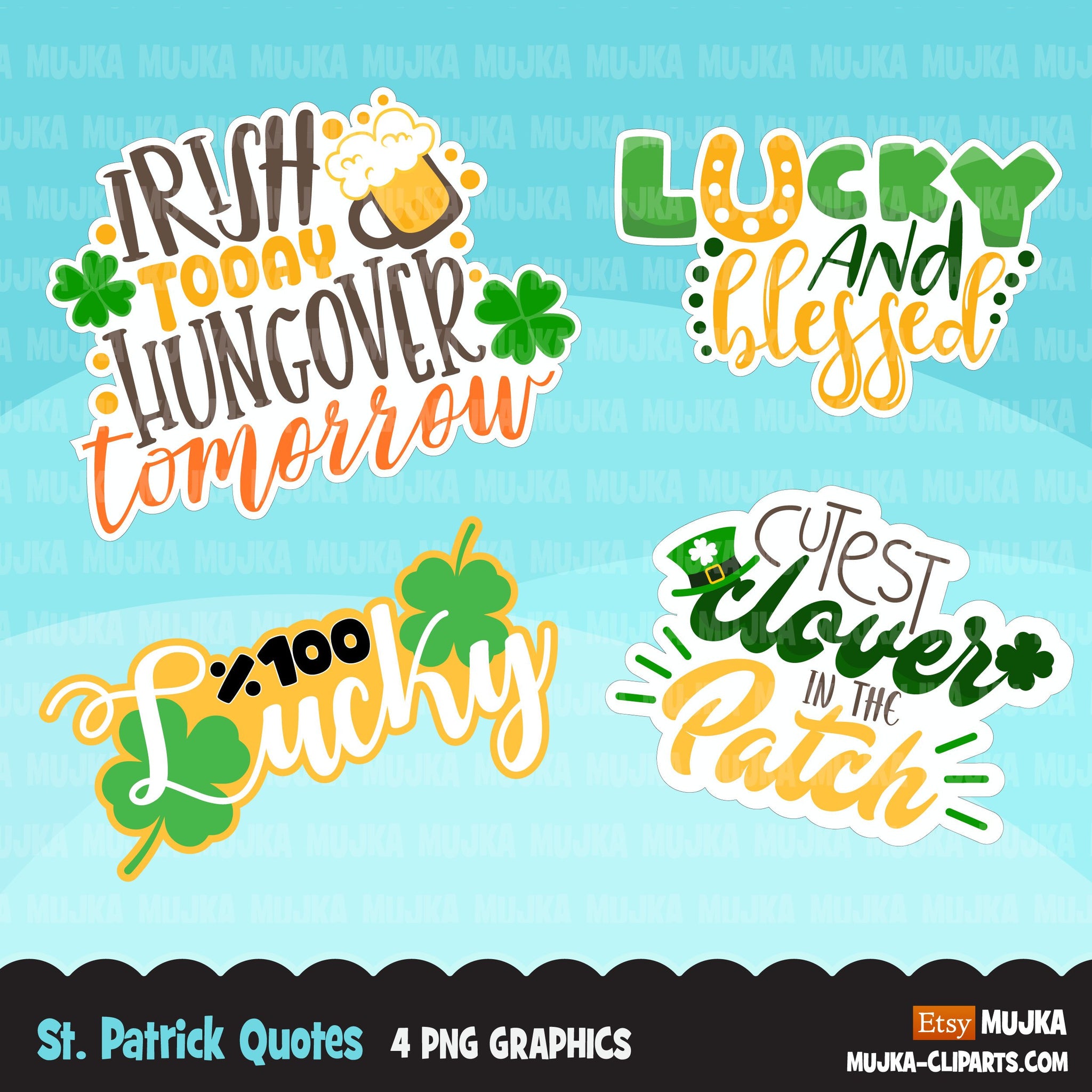 St Patricks Day Clipart Bundle, Gnomes, animals, kids,and matching quote graphics commercial use PNG clip art