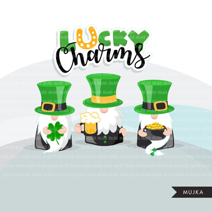 St Patricks Day Gnomes  Clipart, Lucky Irish, pot of gold, clover, beer, Irishman graphics, commercial use PNG clip art