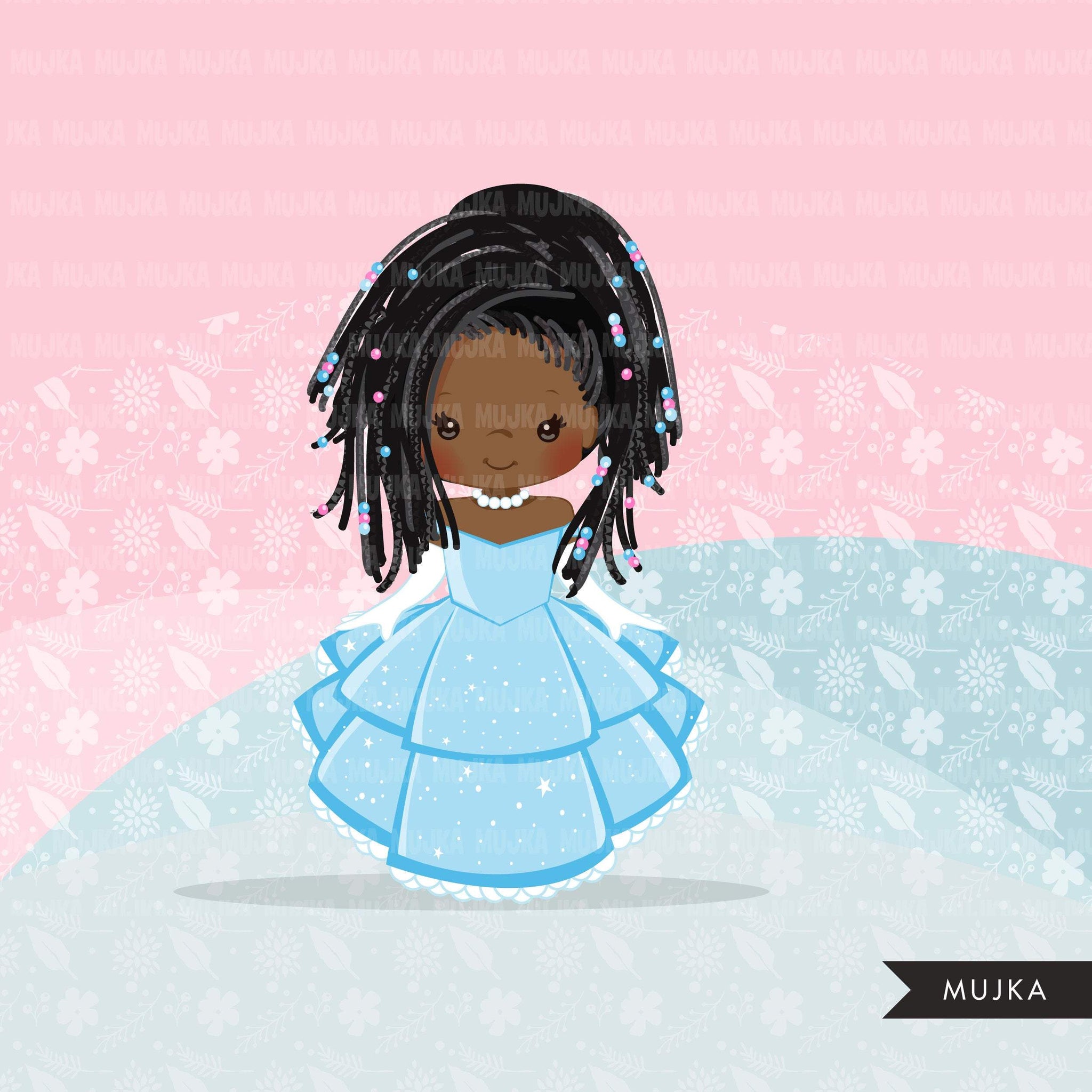 Black Princess clipart, fairy tale graphics, girls story book, blue princess dress, commercial use clip art