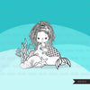 Mermaid Digital stamps, black & white marine graphics, black princess coloring book art outline clipart