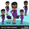 Afro woman clipart with purple business suit, briefcase and glasses black girl graphics, print and cut sublimation clip art