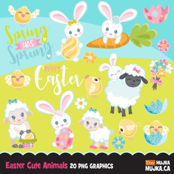 Easter Spring Clipart Bundle, gnomes, bunny, kids, eggs, animals, plants, llama graphics commercial use PNG clip art