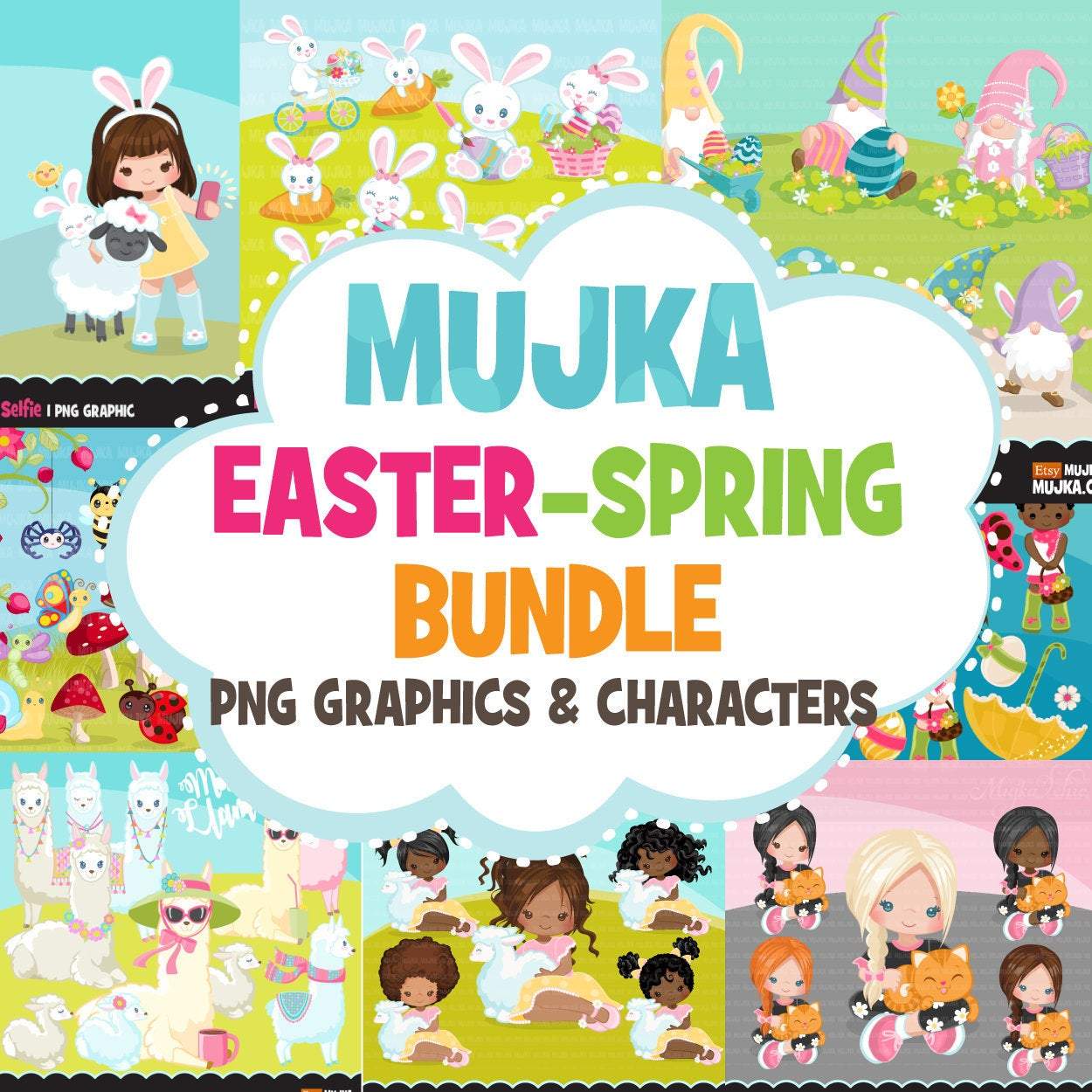 Easter Spring Clipart Bundle, gnomes, bunny, kids, eggs, animals, plants, llama graphics commercial use PNG clip art