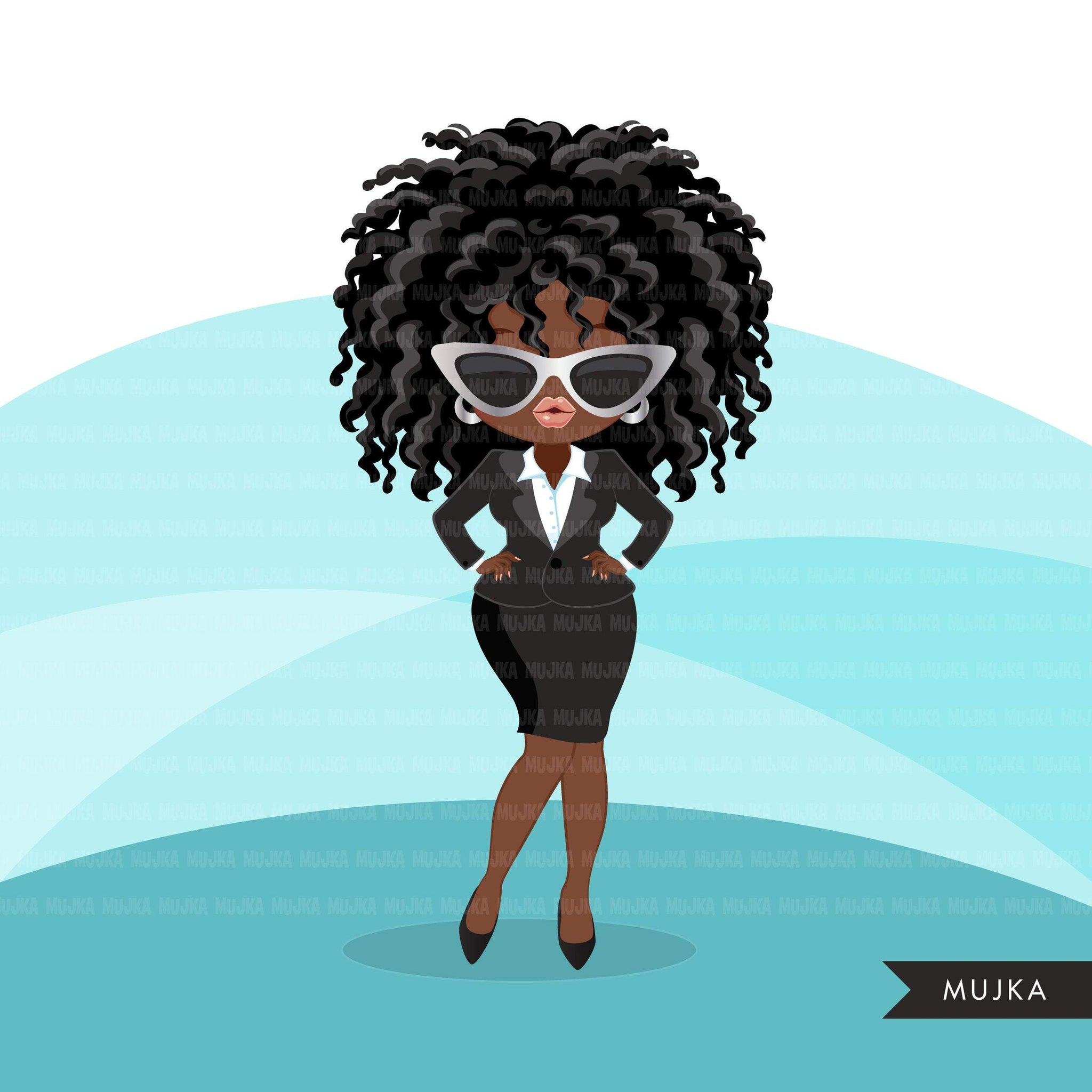 Afro woman clipart with business suit and glasses African-American graphics, print and cut T-Shirt Designs, Black Girls clip art