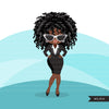 Afro woman clipart with business suit and glasses African-American graphics, print and cut T-Shirt Designs, Black Girls clip art