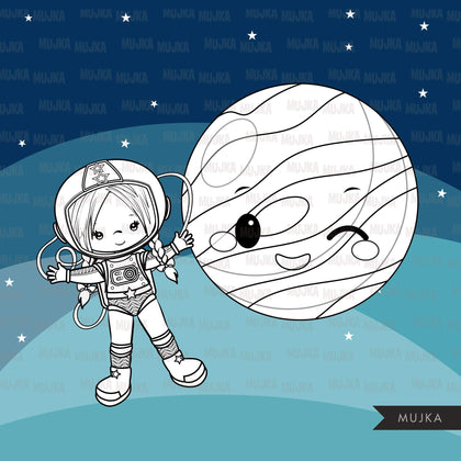Space astronauts Digital stamps, planets, mars, jupiter, saturn, space rocket graphics, coloring book black and white outline clip art