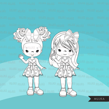 Bows and Ribbons Digital stamps, decorate hair bows, little girl  graphics, coloring book black and white outline clip art