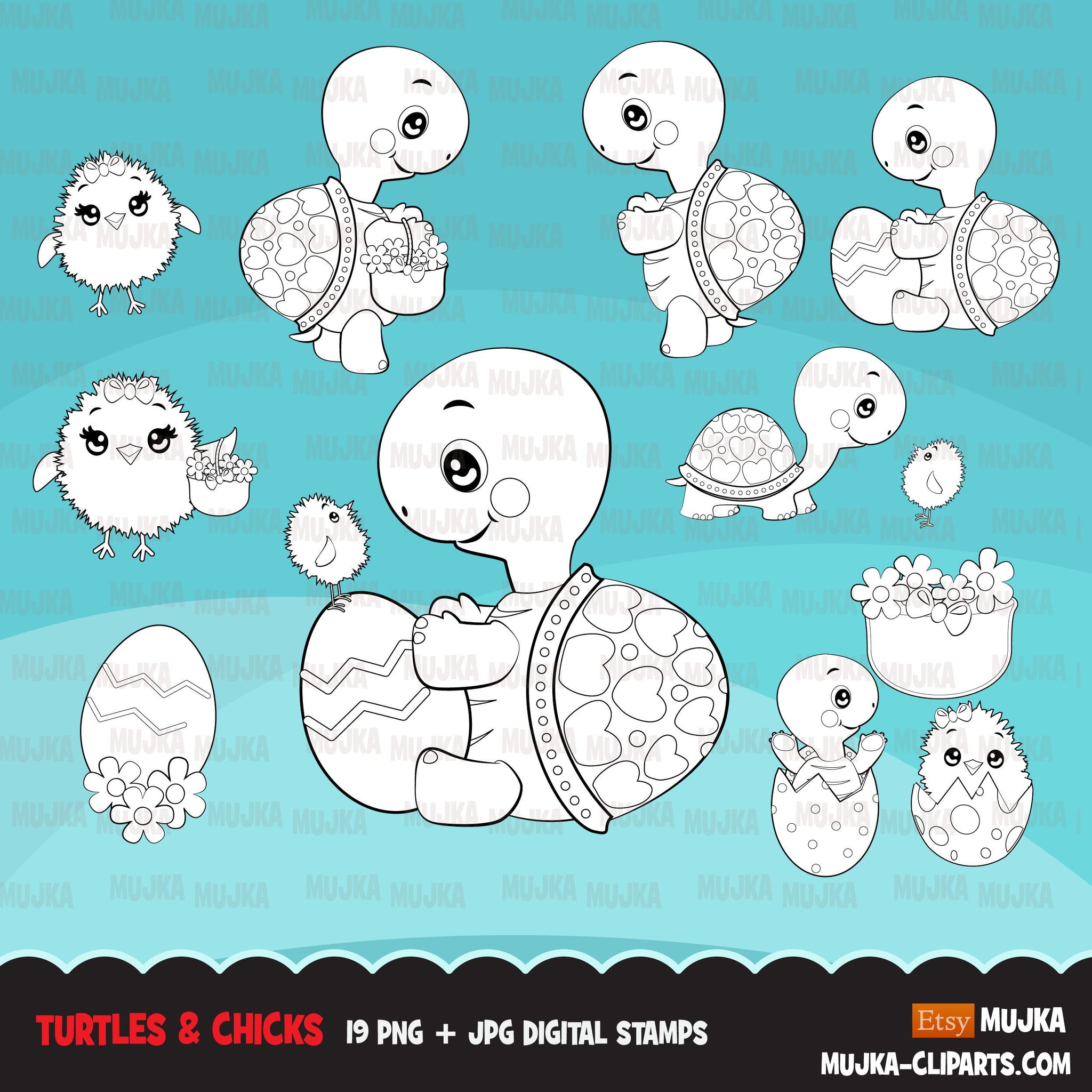 Turtles and Chicks Digital stamps, cute Easter animal graphics, coloring book black and white outline clip art