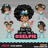 Selfie clipart, little black girls taking a selfie, cellphone, oh snap, wording graphics, afro fashion Png digital clip art