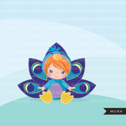 Peacock Baby clipart, animal costume baby shower graphics, card making, birthday party, black baby Png digital clip art