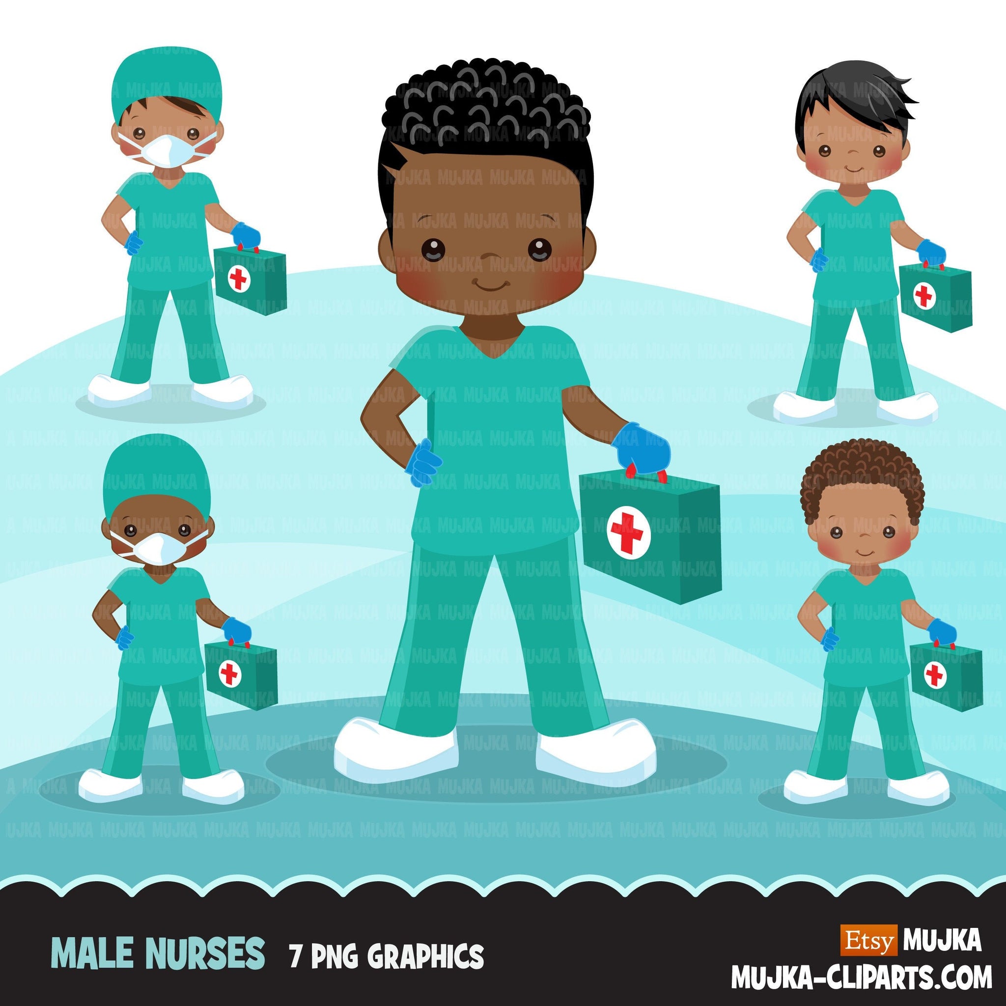Black Male Nurse clipart with mask green scrubs, hospital graphics, print and cut PNG, covid African American Medical clip art