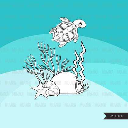 Undersea Digital stamps, black & white marine graphics, mermaid coral, seahorse, starfish, crab coloring book art outline clipart