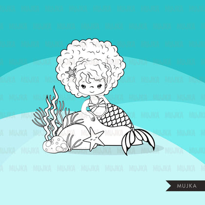 Mermaid Digital stamps, black & white marine graphics, black princess coloring book art outline clipart