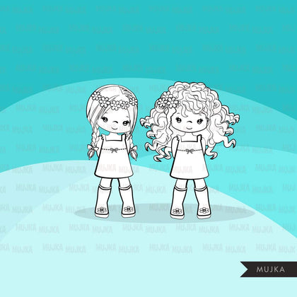 Easter Digital stamps, black & white Easter girls graphics, egg hunt, bunny ears, best friends, coloring book art outline clipart